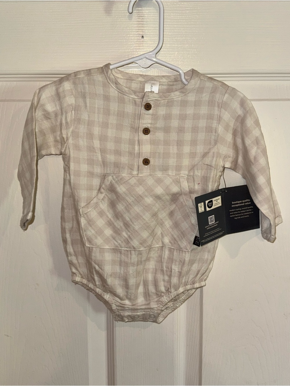 Soft Check Cotton One-Piece Bodysuit in Light Beige